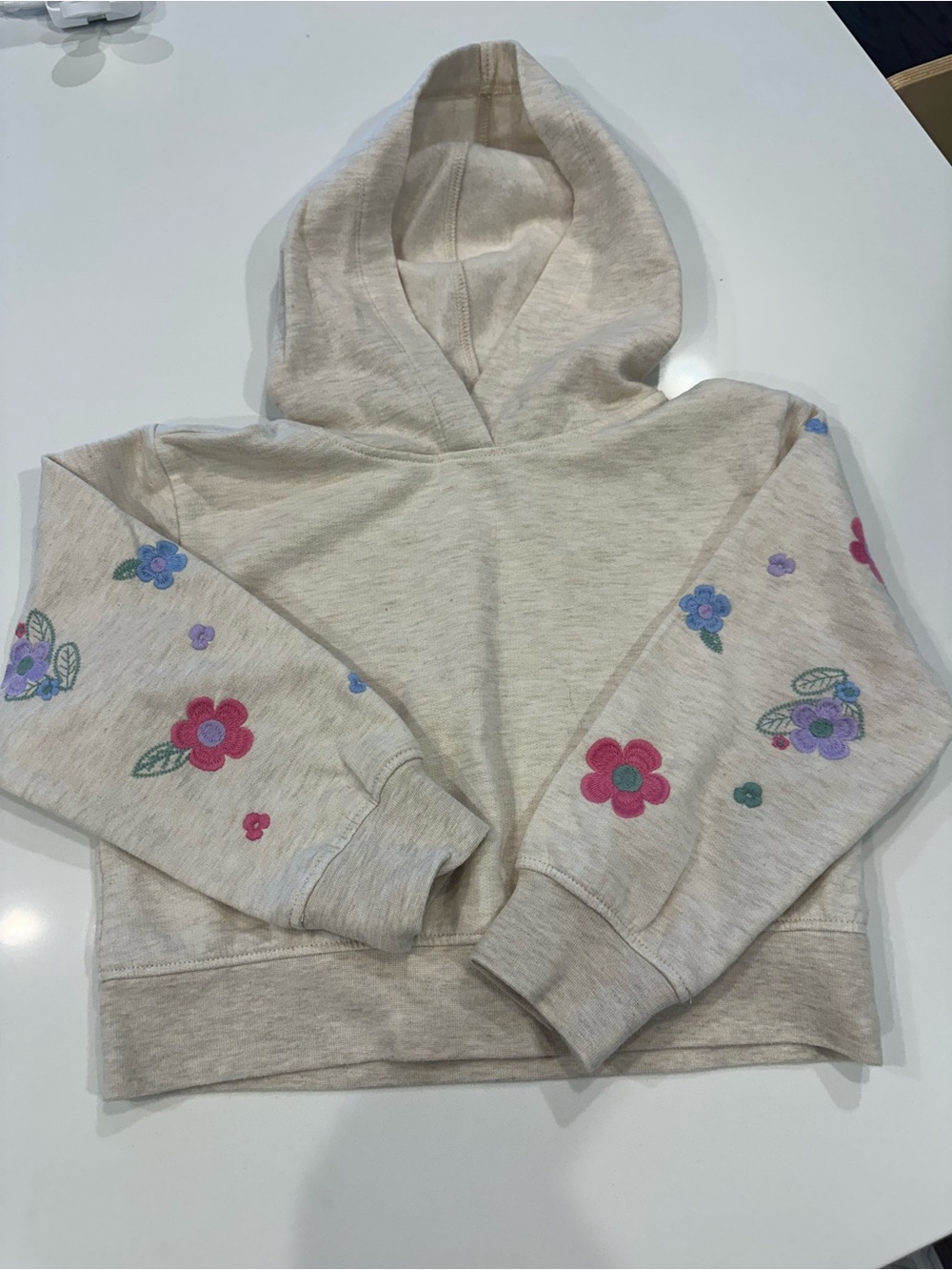 Crewcuts Cream Hoodie with Pink & Purple Floral Sleeves